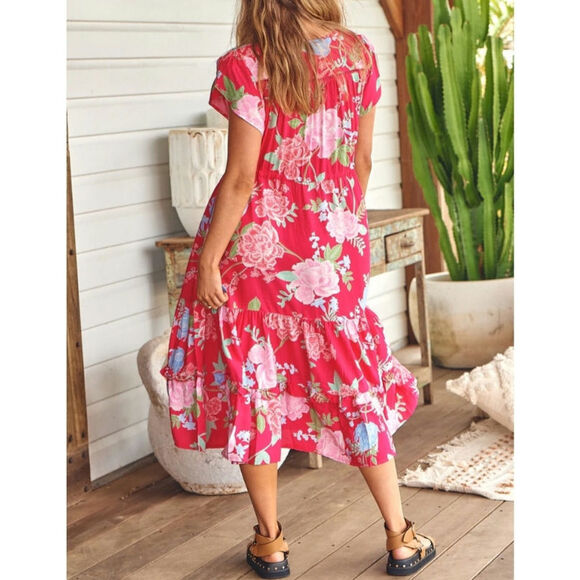 JAASE Floral Midi Dress Short Sleeve Tie Waist Flowy Red Boho Casual Summer XS - Picture 9 of 16